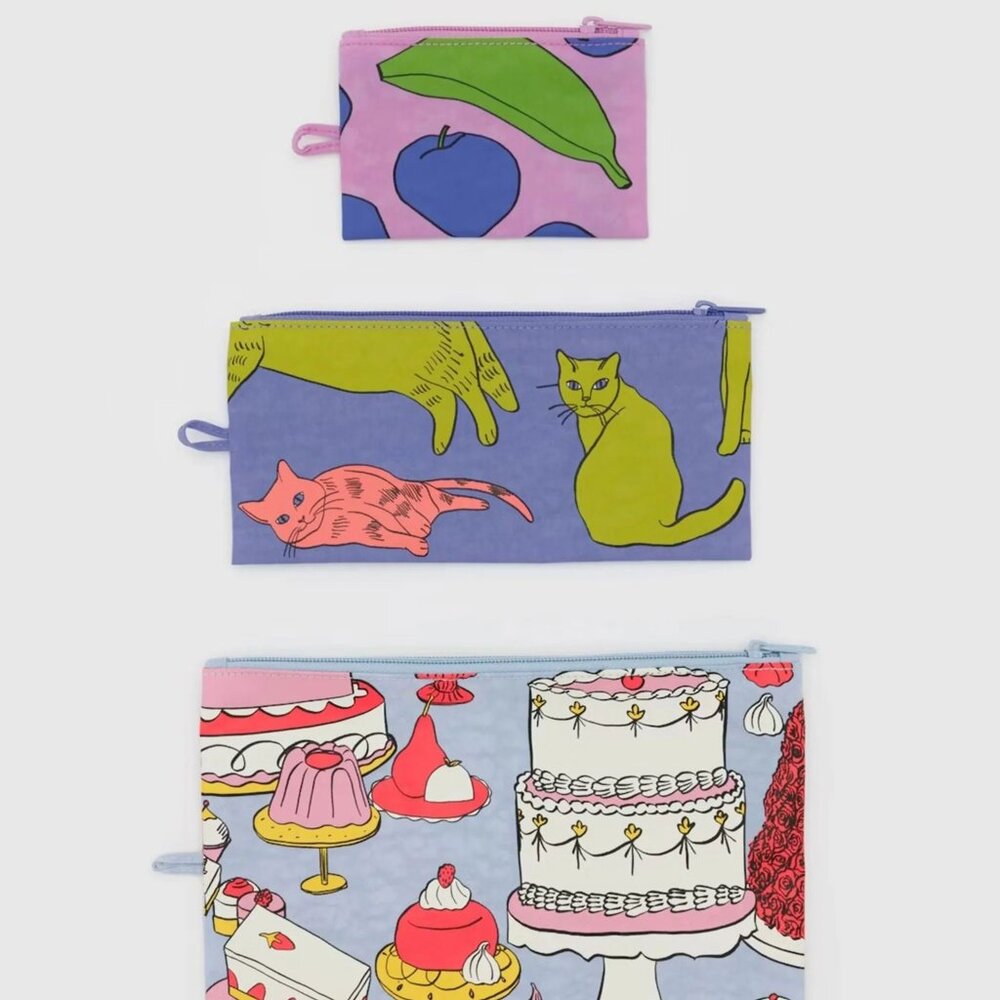NWT Baggu Flat Pouch Set - Still Life (Apple & Banana, Table Cats, Patisserie)